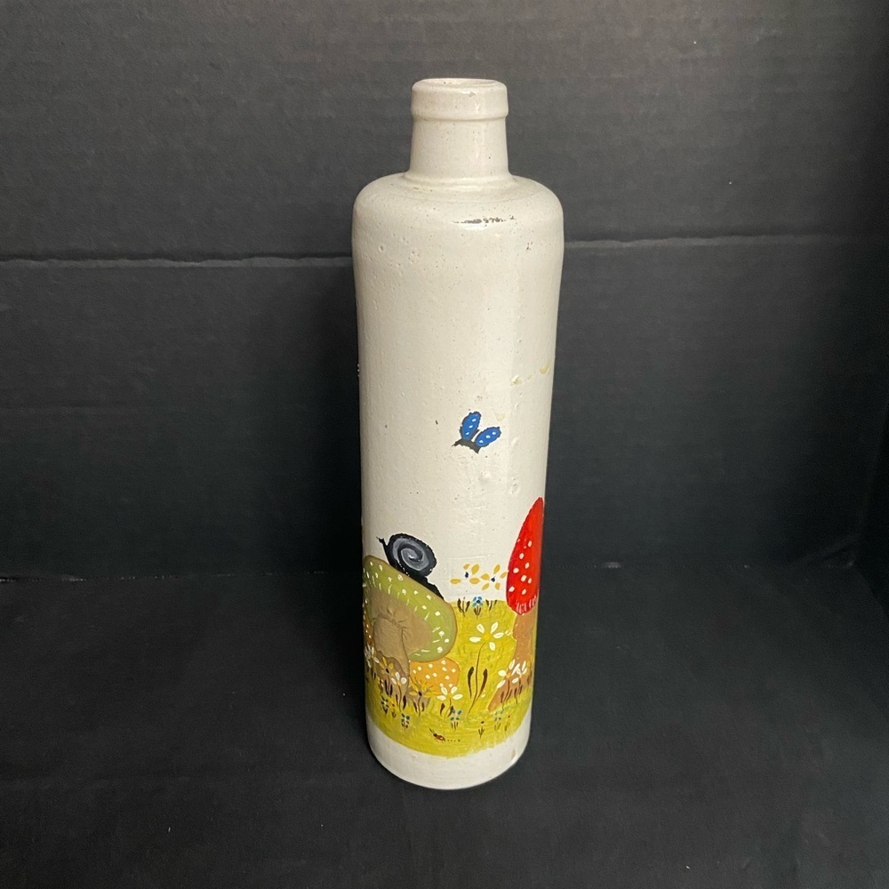 Vtg Stoneware Pottery Bottle Hand Painted Mushrooms Flowers Butterfly Snail‎